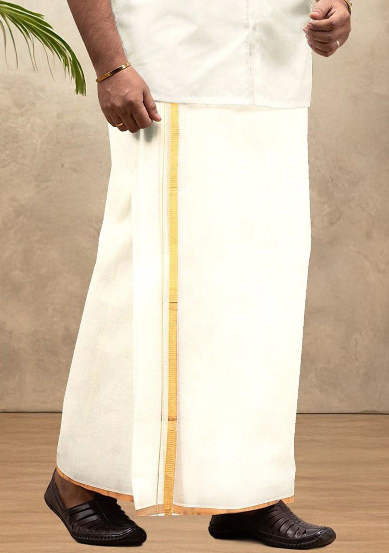 Cream Kora Cotton Double Layer Dhoti With Zari Border For Men - Indya