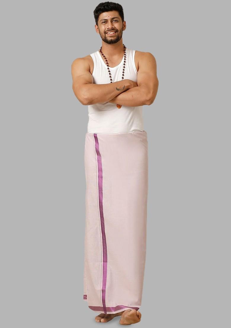 Purple Dhoti With Fancy Zari Border For Men - Indya