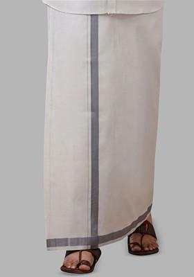 White Cotton Tissue Single Layer Steel Grey Dhoti With Jari Border For Men