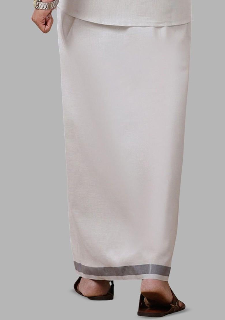 White Cotton Tissue Single Layer Steel Grey Dhoti With Jari Border For Men - Indya