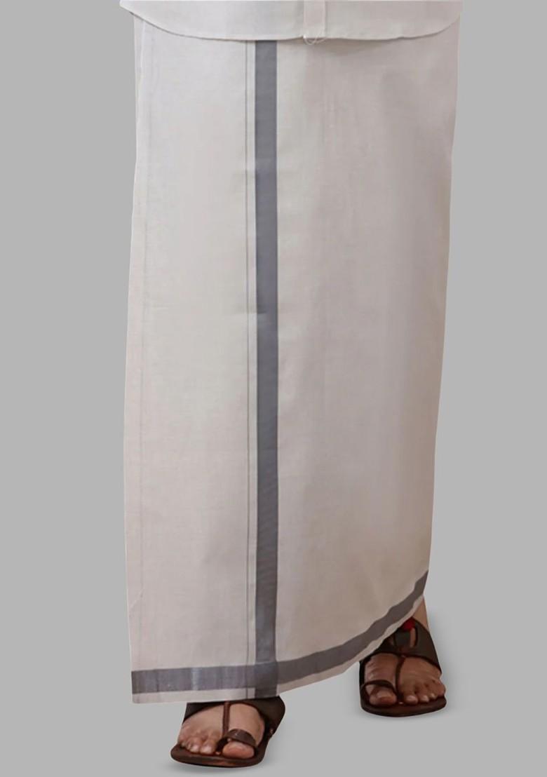White Cotton Tissue Single Layer Steel Grey Dhoti With Jari Border For Men - Indya