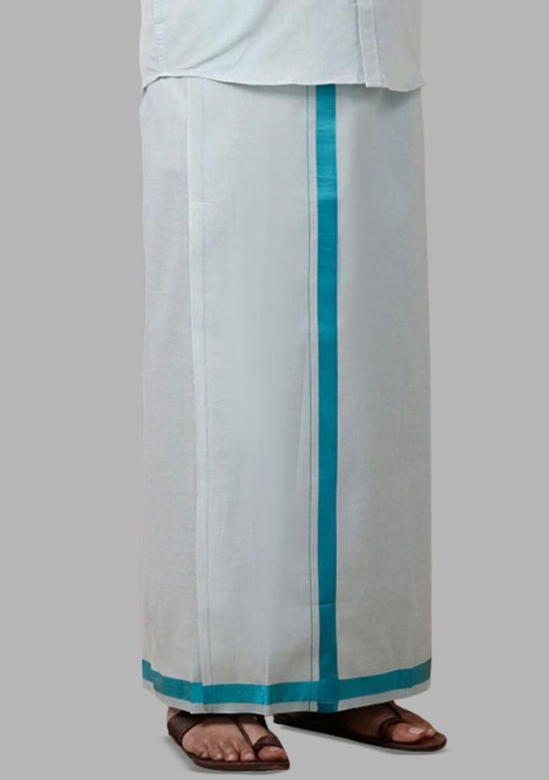 White Cotton Tissue Single Layer Ramar Green Dhoti With Jari Border For Men