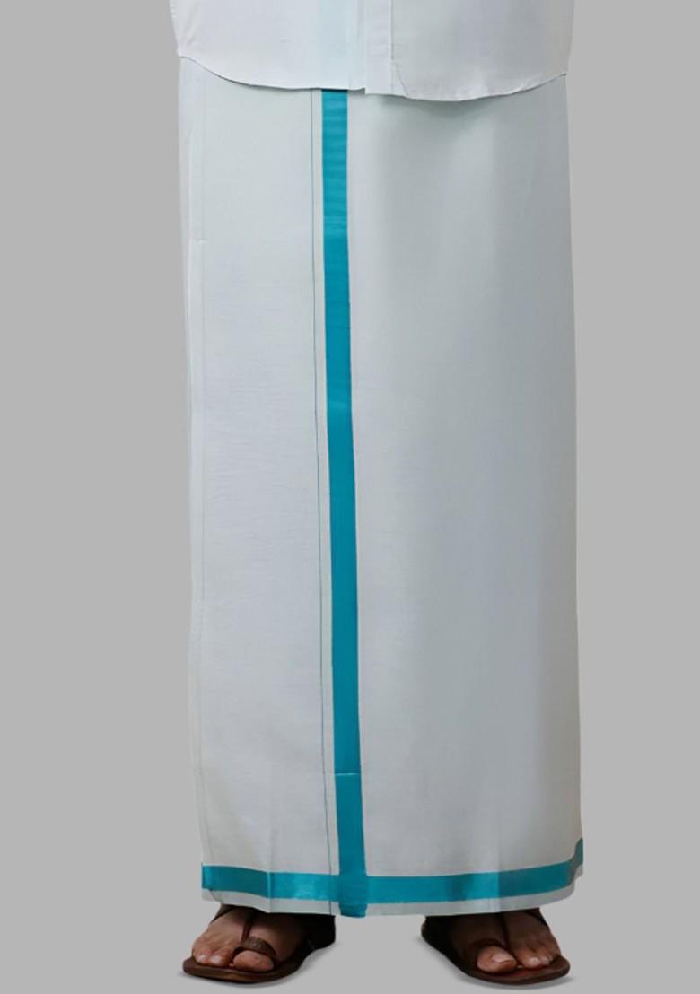White Cotton Tissue Single Layer Ramar Green Dhoti With Jari Border For Men