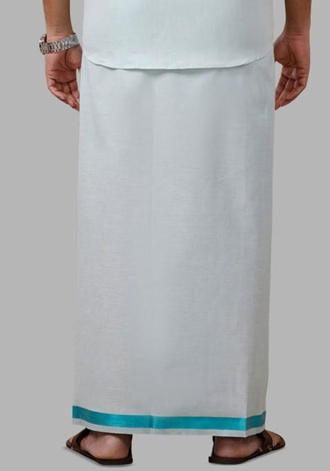 White Cotton Tissue Single Layer Ramar Green Dhoti With Jari Border For Men