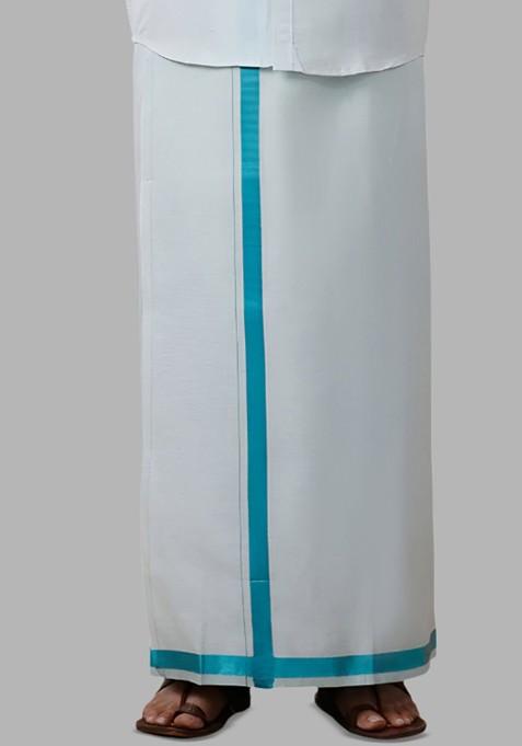 White Cotton Tissue Single Layer Ramar Green Dhoti With Jari Border For Men