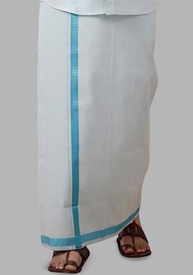 White Cotton Tissue Single Layer Cyan Dhoti With Jari Border For Men