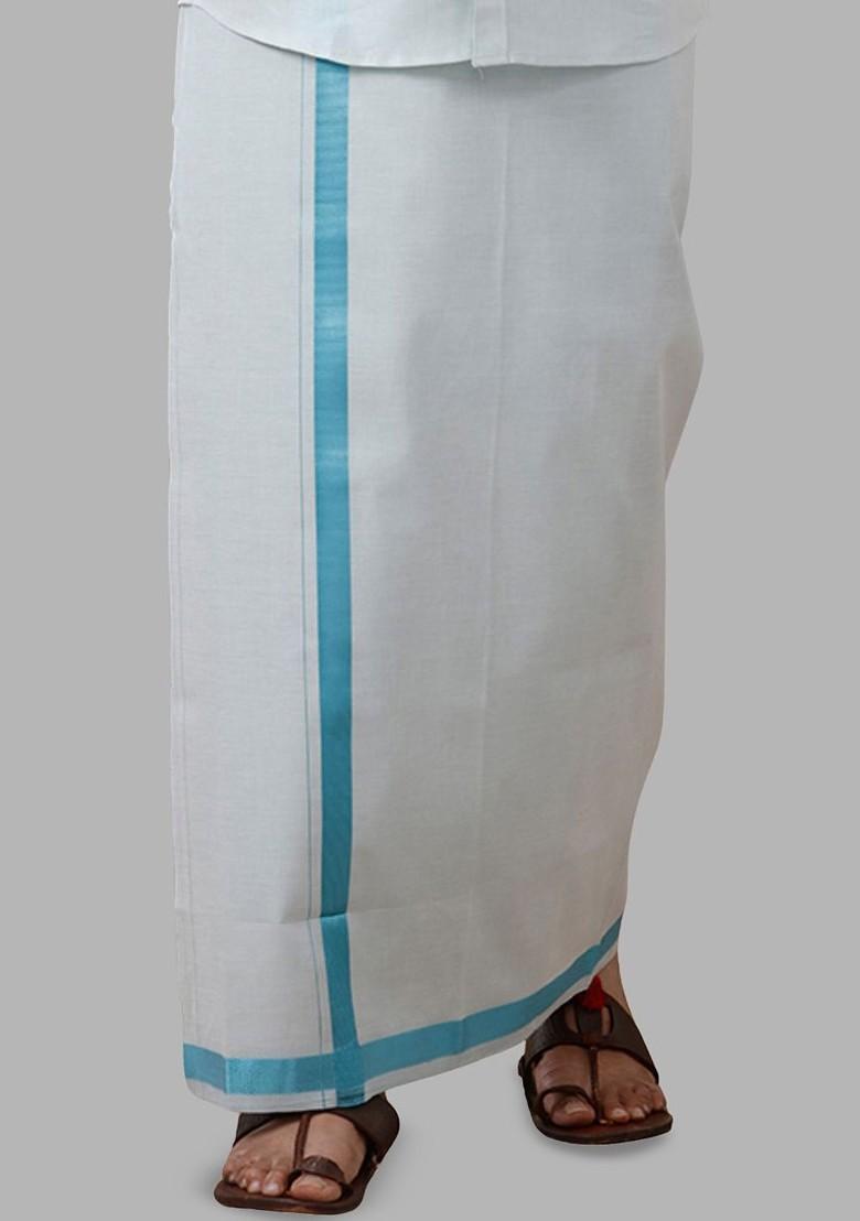 White Cotton Tissue Single Layer Cyan Dhoti With Jari Border For Men - Indya