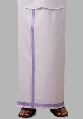 White Cotton Tissue Single Layer Lavender Dhoti With Jari Border For Men