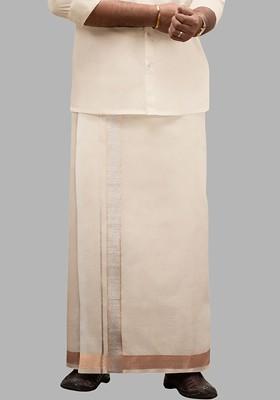 Off White Tissue Single Layer Copper Dhoti With Fancy Jari Border Extreme For Men