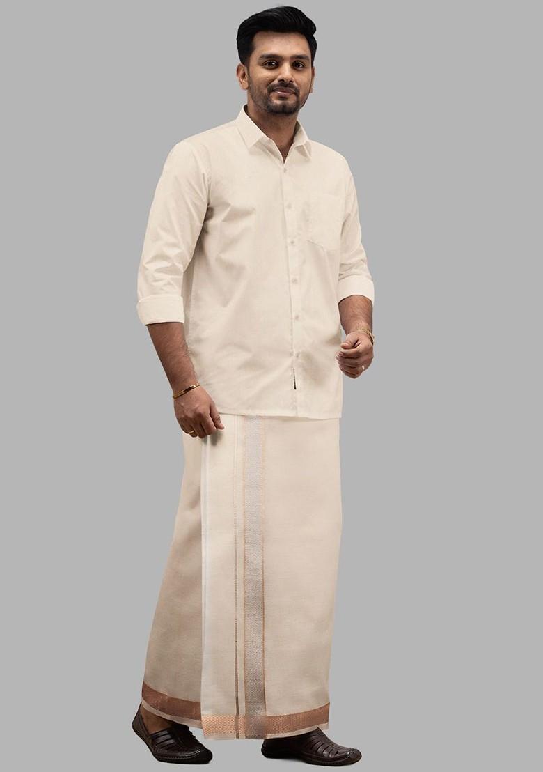 Off White Tissue Single Layer Copper Dhoti With Fancy Jari Border Extreme For Men - Indya