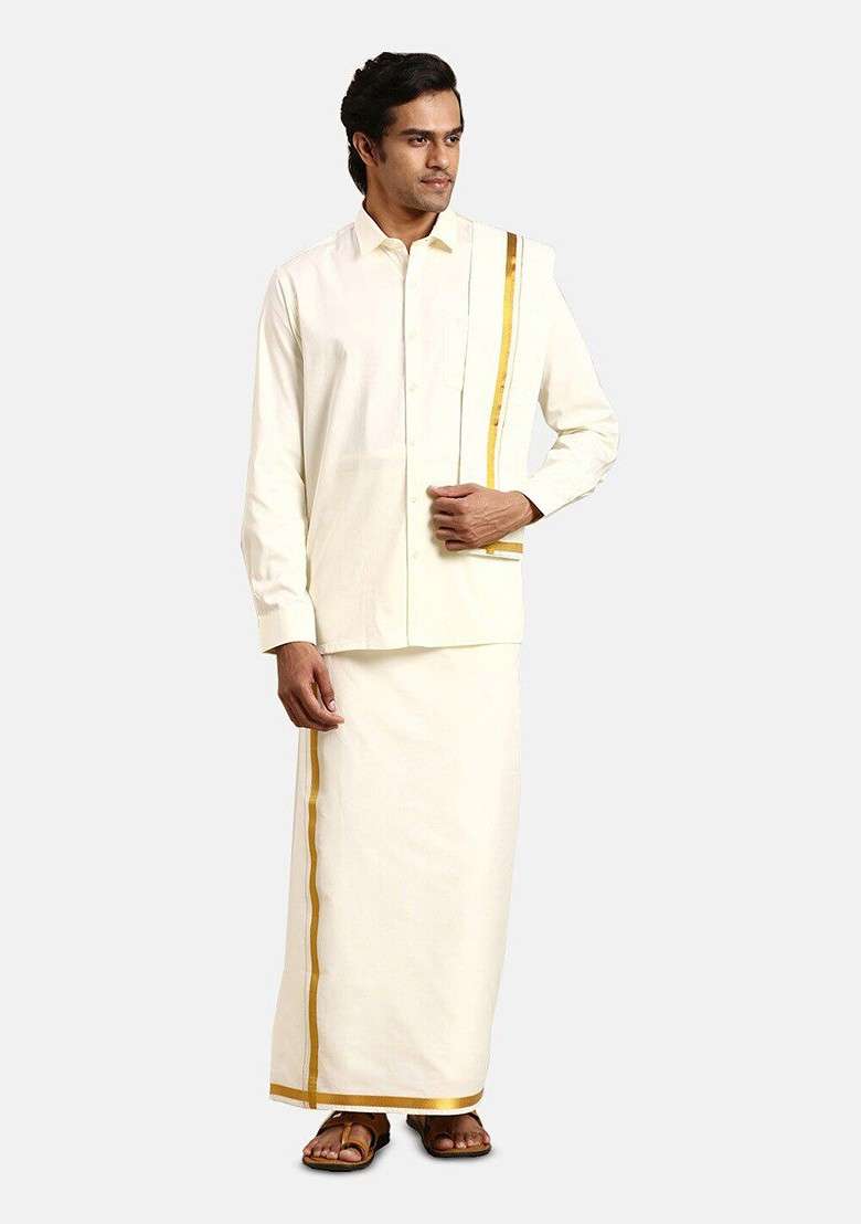 Cream Shirt Gold Jari Double Dhoti Towel Belt For Men - Indya