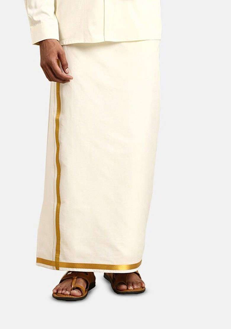 Cream Shirt Gold Jari Double Dhoti Towel Belt For Men - Indya