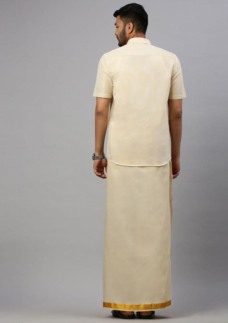 Gold Cotton Blend Half Sleeve Shirt And Single Dhoti Set For Men