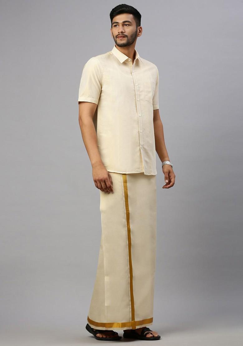 Gold Cotton Blend Half Sleeve Shirt And Single Dhoti Set For Men