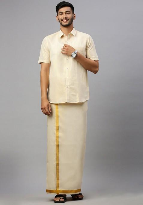 Gold Cotton Blend Half Sleeve Shirt And Single Dhoti Set For Men