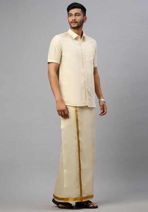 Gold Cotton Blend Half Sleeve Shirt And Single Dhoti Set For Men