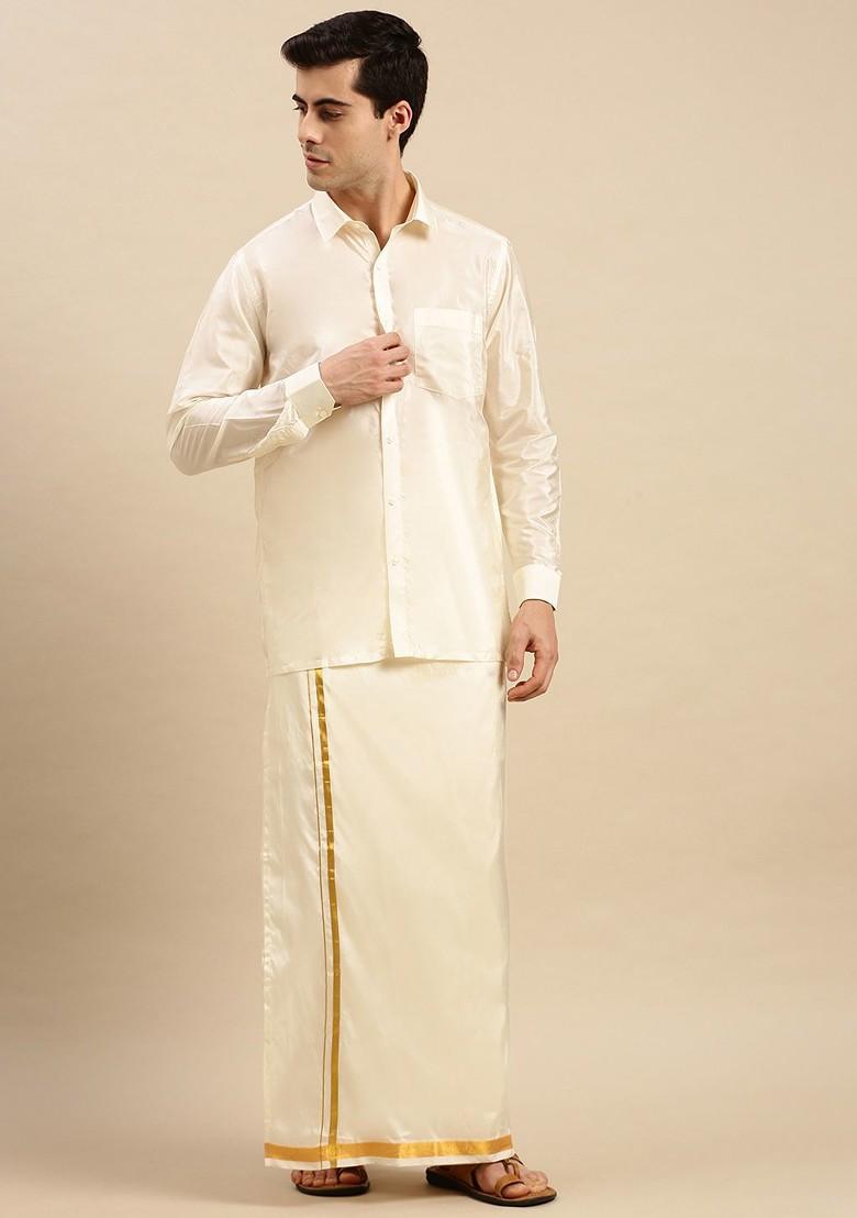 Cream Art Silk Zari Shirt And Dhoti With Angavastram For Men