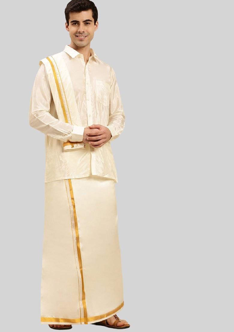 Cream Art Silk Zari Shirt And Dhoti With Angavastram For Men