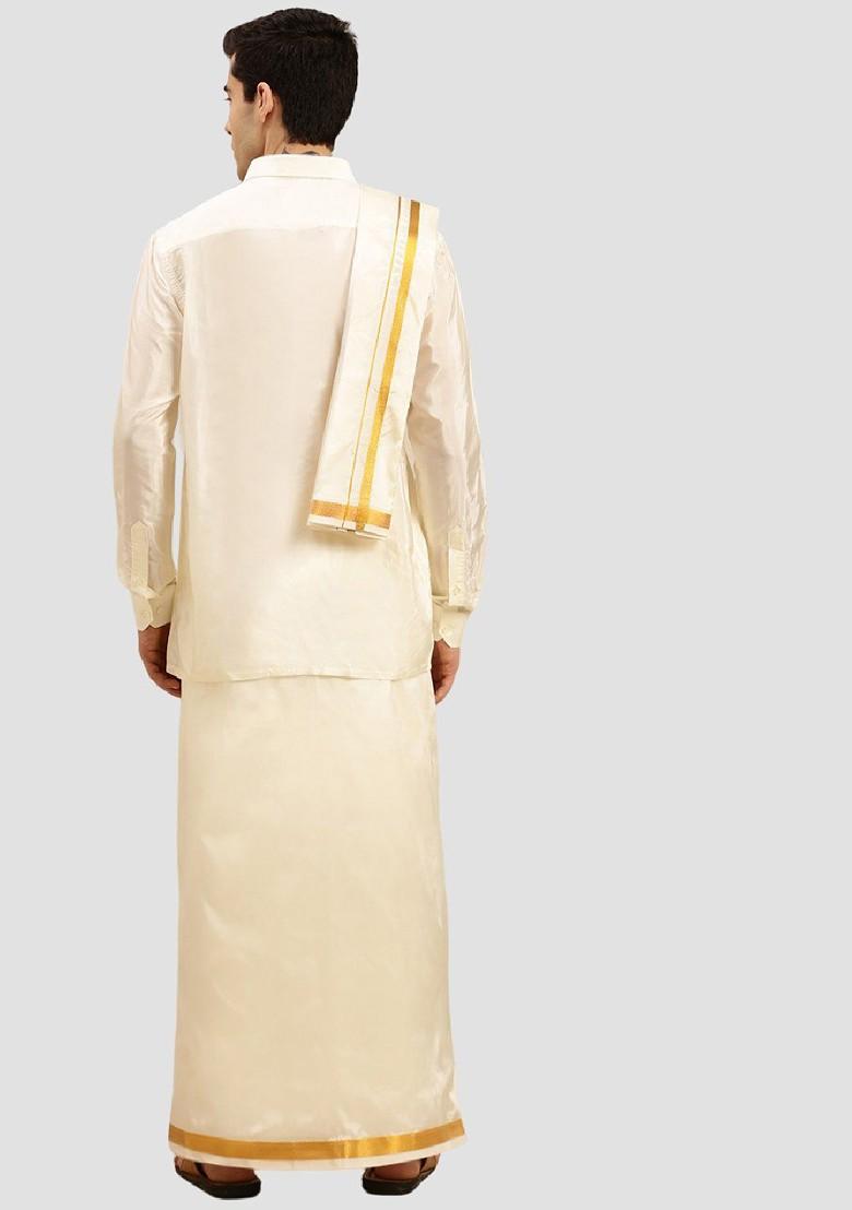 Cream Art Silk Zari Shirt And Dhoti With Angavastram For Men