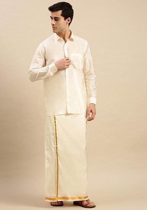 Cream Art Silk Zari Shirt And Dhoti With Angavastram For Men