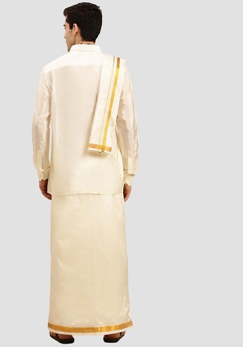 Cream Art Silk Zari Shirt And Dhoti With Angavastram For Men