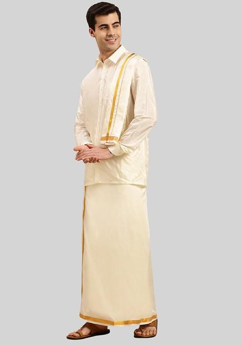 Cream Art Silk Zari Shirt And Dhoti With Angavastram For Men
