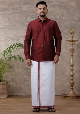 Maroon Solid Traditional Cotton Shirt And Matching Fancy Border Dhoti For Men