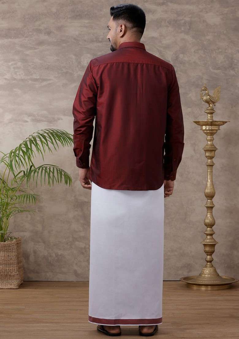 Maroon Solid Traditional Cotton Shirt And Matching Fancy Border Dhoti For Men - Indya