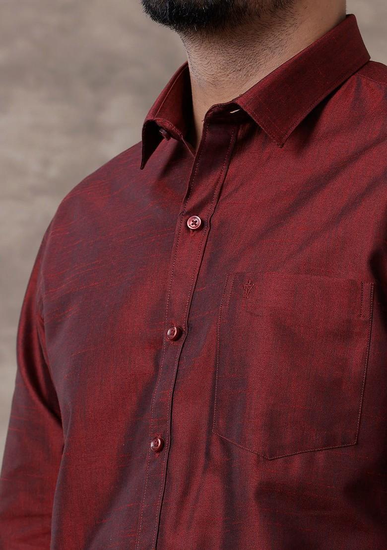 Maroon Solid Traditional Cotton Shirt And Matching Fancy Border Dhoti For Men - Indya