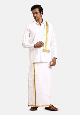 White Pure Cotton Shirt And Double Dhoti With Towel And Belt For Men