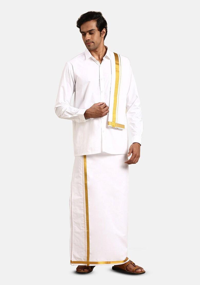 White Pure Cotton Shirt And Double Dhoti With Towel And Belt For Men
