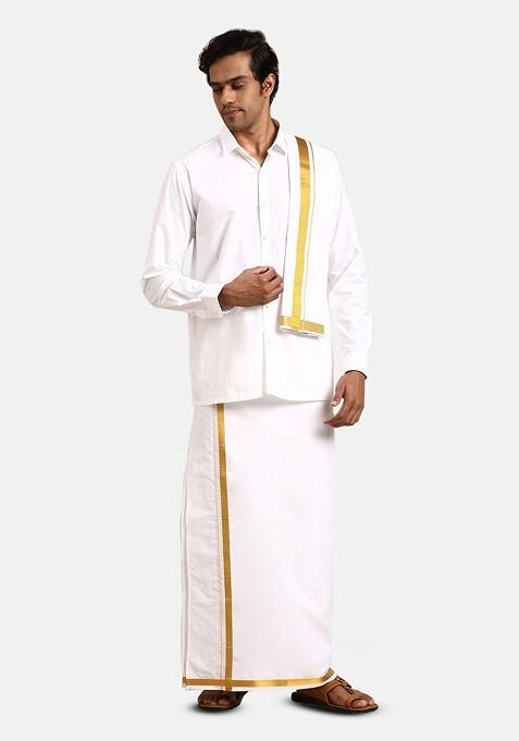 White Pure Cotton Shirt And Double Dhoti With Towel And Belt For Men
