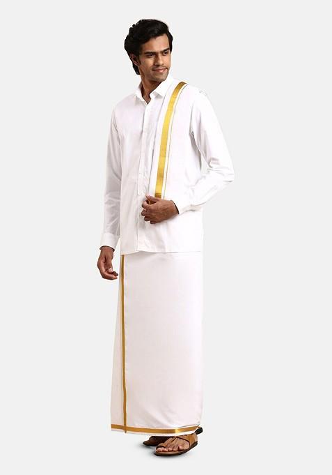 White Pure Cotton Shirt And Double Dhoti With Towel And Belt For Men