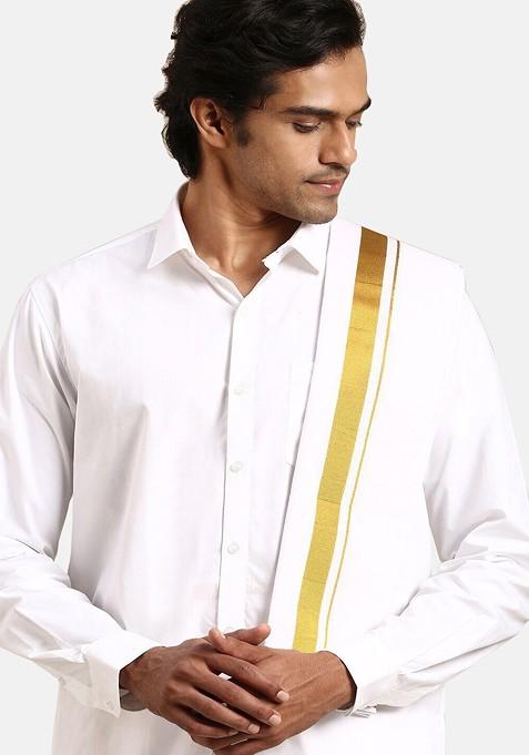White Pure Cotton Shirt And Double Dhoti With Towel And Belt For Men