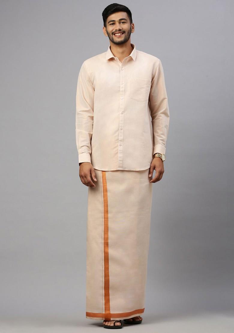 Copper Cotton Blend Full Sleeve Shirt And Single Dhoti For Men - Indya