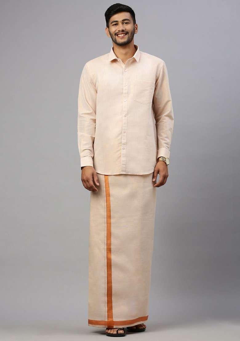 Cream Cotton Blend Full Sleeve Shirt With Matching Single Dhoti Set For Men - Indya