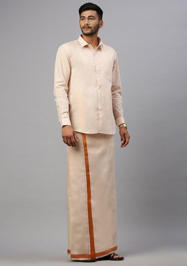 Cream Cotton Blend Full Sleeve Shirt With Matching Single Dhoti Set For Men - Indya