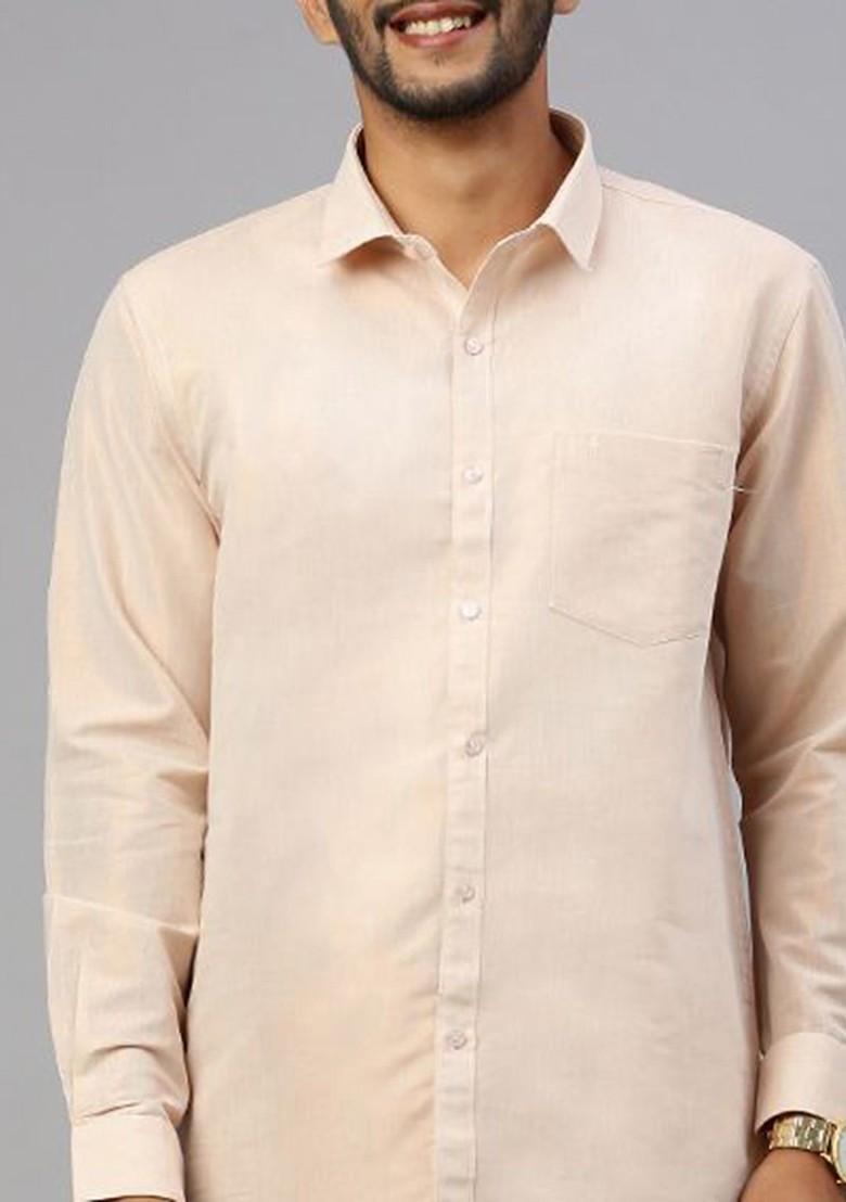 Cream Cotton Blend Full Sleeve Shirt With Matching Single Dhoti Set For Men - Indya