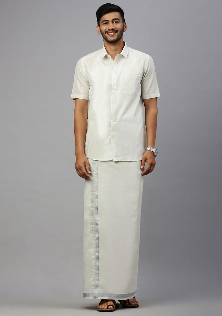 Silver Cotton Blend Half Sleeve Shirt With Matching Single Dhoti Set For Men