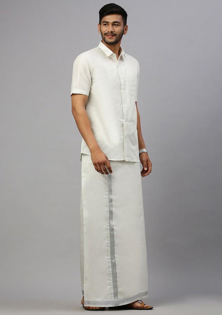 Silver Cotton Blend Half Sleeve Shirt With Matching Single Dhoti Set For Men - Indya