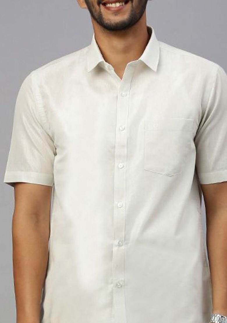 Silver Cotton Blend Half Sleeve Shirt With Matching Single Dhoti Set For Men - Indya