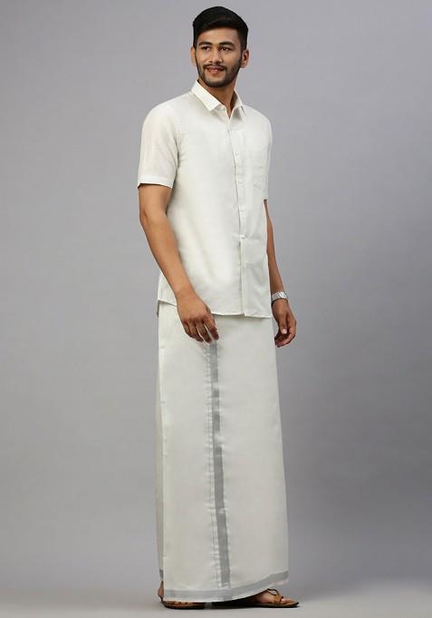 Silver Cotton Blend Half Sleeve Shirt With Matching Single Dhoti Set For Men