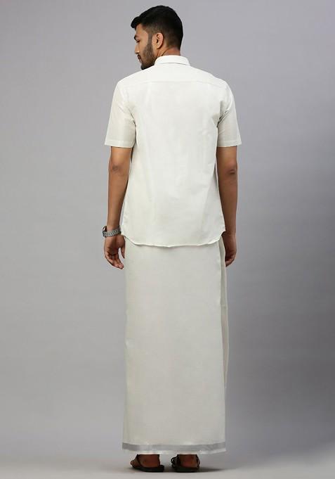 Silver Cotton Blend Half Sleeve Shirt With Matching Single Dhoti Set For Men