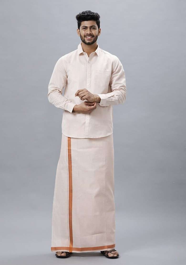 White Tissue Shirt And Dhoti Set For Men - Indya