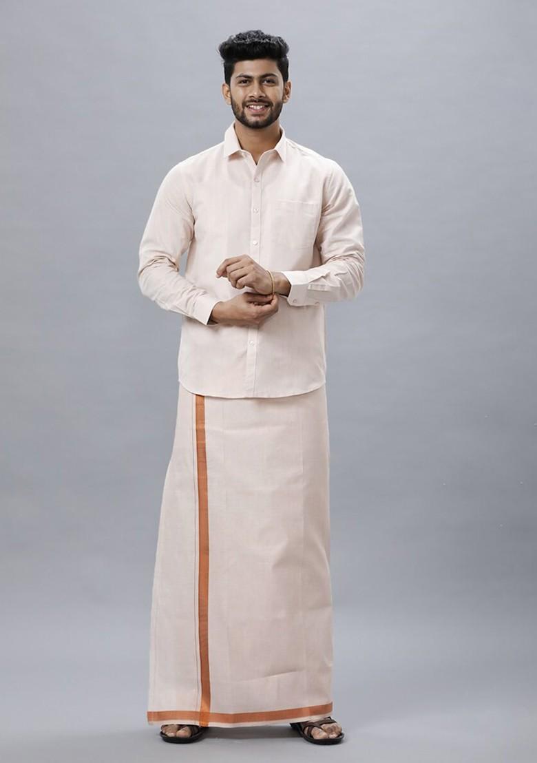 White Tissue Shirt And Dhoti Set For Men - Indya