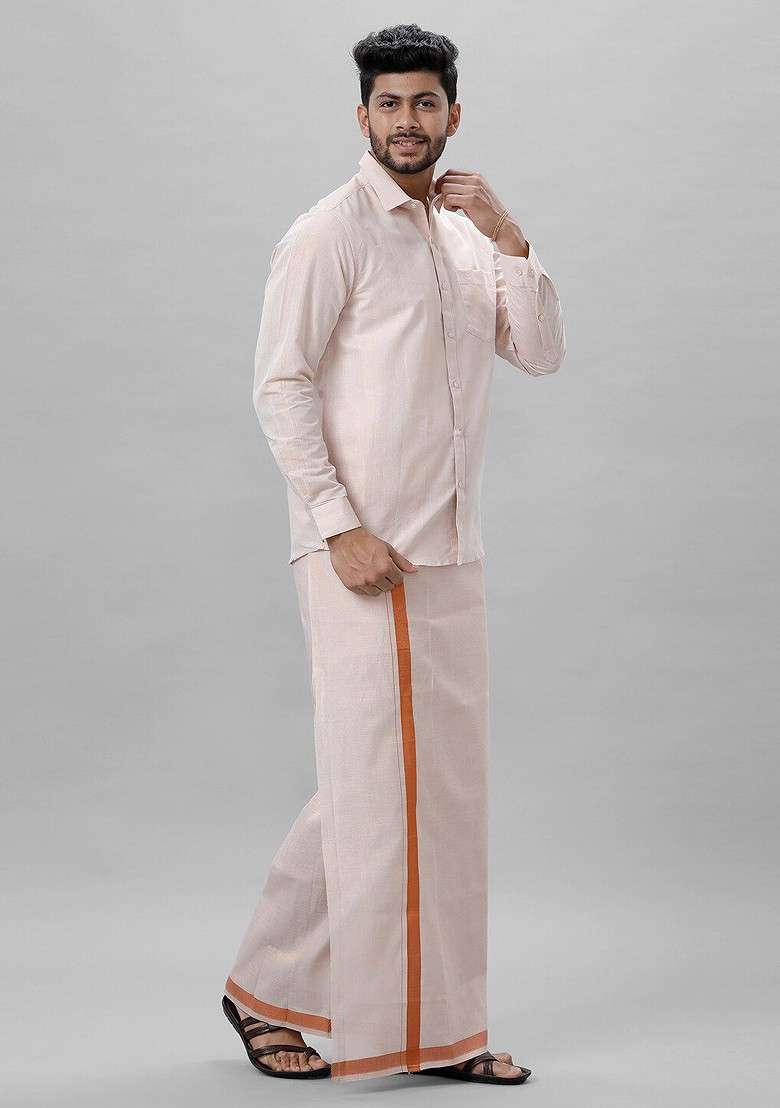 White Tissue Shirt And Dhoti Set For Men - Indya