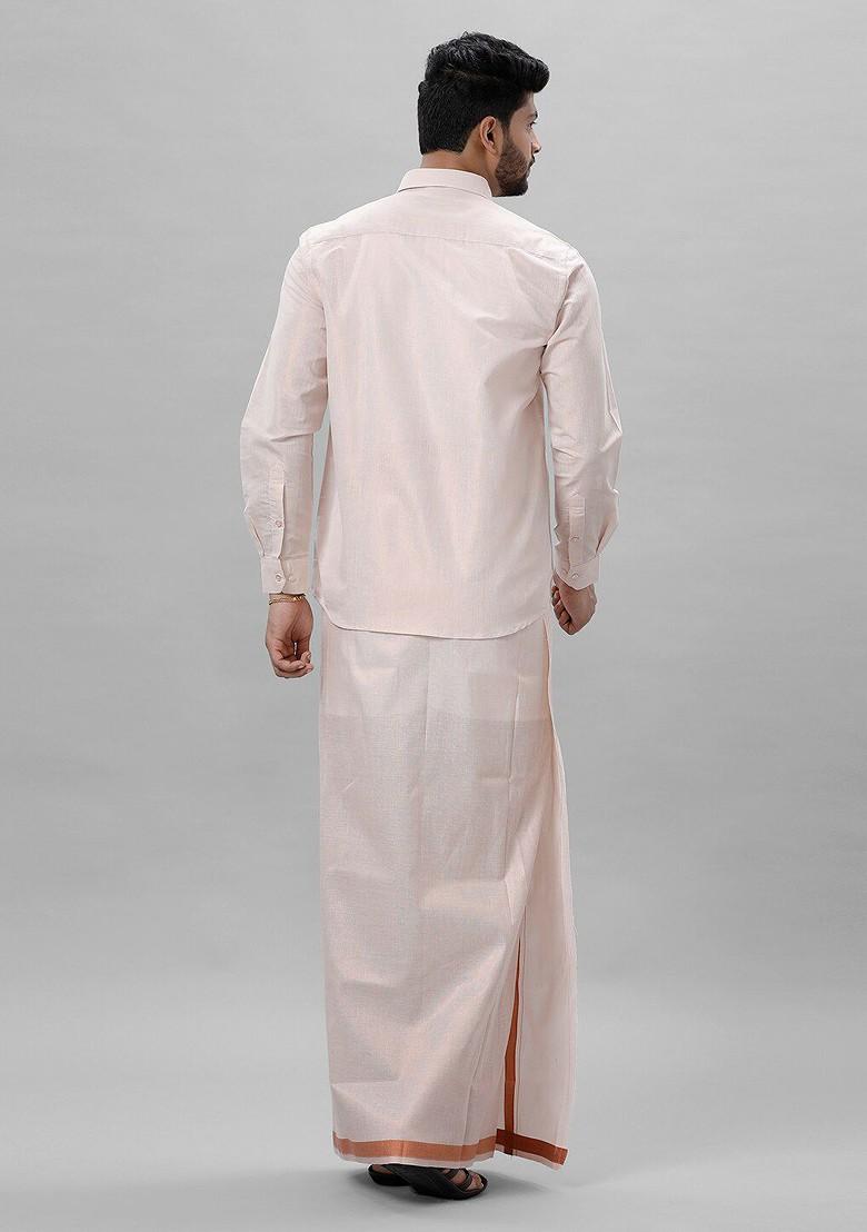 White Tissue Shirt And Dhoti Set For Men - Indya