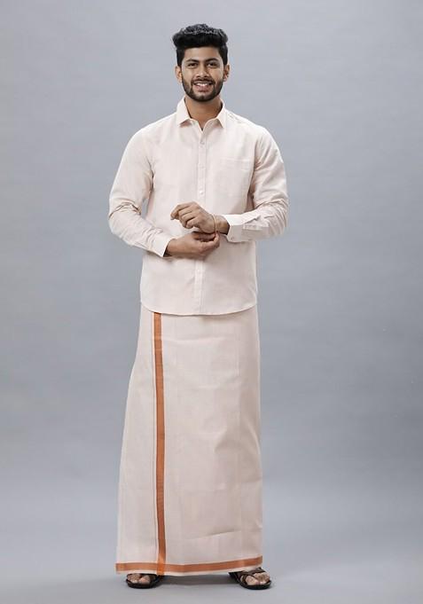 White Tissue Shirt And Dhoti Set For Men — view on Indya