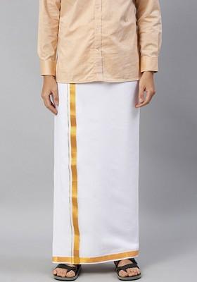 White Cotton Solid Gold Jari Border Double Layer Dhoti For Men