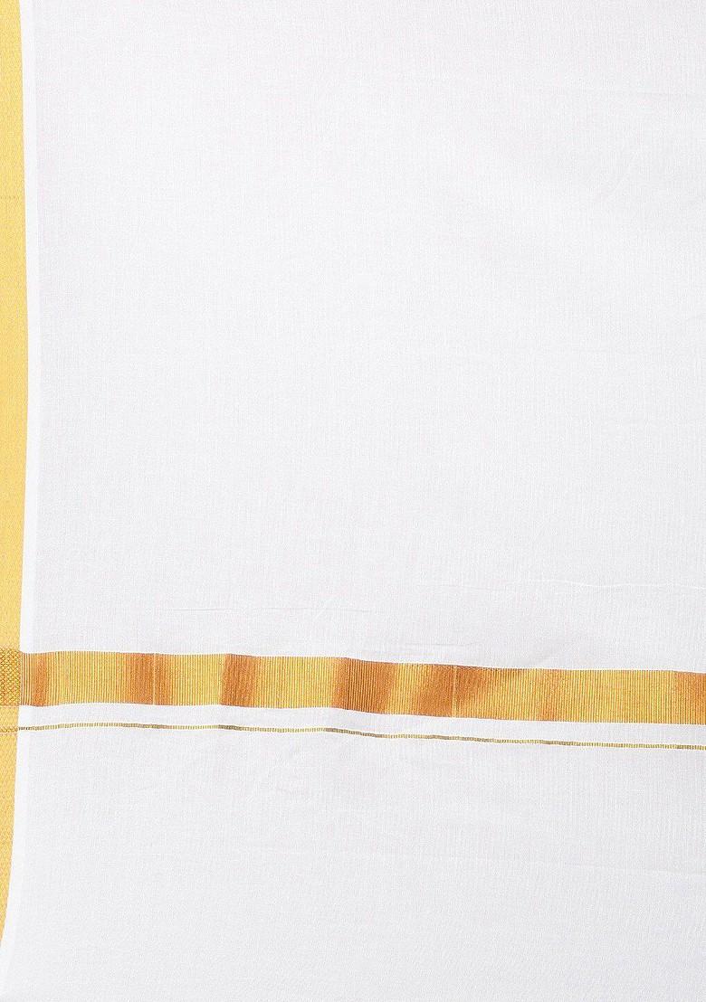 White Cotton Solid Gold Jari Border Double Layer Dhoti For Men - Indya